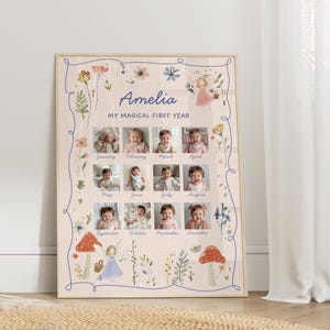 以下が含まれることがあります： 「Amelia」と「MY MAGICAL FIRST YEAR」の文字が入った、赤ちゃんの月ごとの写真が収められたフレームプリント。淡いパステルカラーの花と妖精のイラストが描かれ、薄いベージュの背景に木製のフレームが施されています。