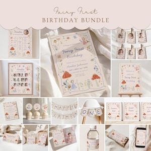 Puede incluir: Un conjunto de suministros para fiestas de cumpleaños con temática de hadas. Incluye invitaciones, exhibiciones de fotos, adornos para cupcakes, pancartas y letreros. El diseño presenta ilustraciones de hadas, setas y elementos florales en colores pastel suaves.