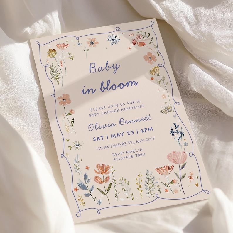 baby in bloom invitation pink wildflower butterfly baby shower invite girl floral spring garden party