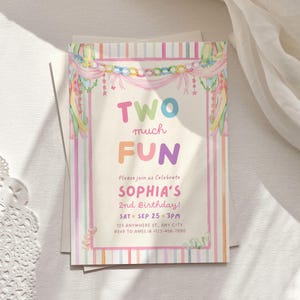 May include: A rectangular birthday invitation card featuring a pastel striped border and watercolour illustrations of hanging paper chains and streamers. The text reads: TWO much FUN, Please join us Celebrate SOPHIA'S 2nd Birthday! SAT SEP 25 3PM.