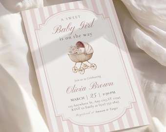 Elegante invitación para baby shower de niña, invitación vintage rosa para baby shower, decoración de cochecito preppy de la abuela millennial, invitación Toile de Jouy editable