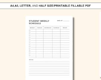 Student Weekly Schedule Printable | Class Planner Template | Minimal School Organizer | Instant PDF