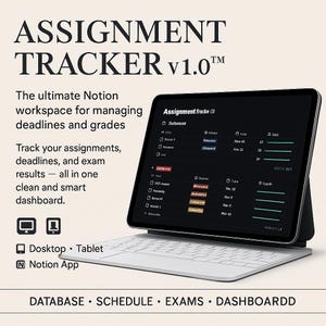 May include: A tablet with a white keyboard and a black screen displaying an assignment tracker. The screen shows a list of tasks with deadlines and grades. The text "ASSIGNMENT TRACKER v1.0" is at the top, with additional text describing the product.
