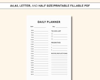 Daily Planner Printable – Hourly Schedule & To-Do List Template, A4 A5 Letter PDF