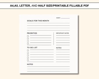 Monthly Goals Planner – Monthly Overview & To-Do Template, A4 A5 Letter PDF