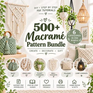 Puede incluir: Un paquete digital de más de 500 patrones de macramé con tutoriales en PDF paso a paso. El gráfico muestra seis categorías que incluyen bolsos, joyería, colgadores de plantas, tapices, cojines y pantallas de lámparas con sus iconos.