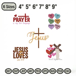 May include: A selection of Christian-themed designs, featuring crosses, hearts, and text. The designs include phrases such as "Prayer is my love language" and "Jesus loves me." Sizes range from 10.16 cm to 22.86 cm.