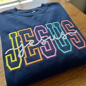 Jesus Varsity Embroidery Design, Colorful Preppy Christian Machine Embroidery File, Retro Collegiate DIY Sweatshirt Gift, PES DST File