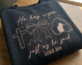 He Has Risen Embroidery Design, Coquette Bow Christian Easter Machine Embroidery File, Luke 24:6 Bible Verse, Easter Day Gift, PES DST File