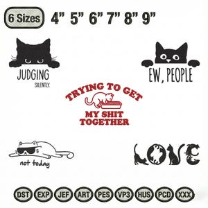 Funny Cat Embroidery Bundle, Sarcastic Black Cat Machine Embroidery File, Pet Lover Apparel, Anti Social Introvert Set, PES DST File
