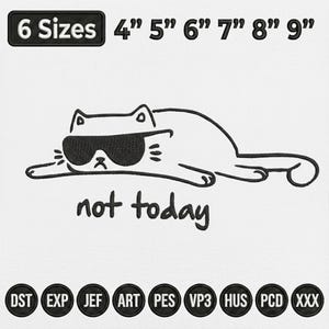 Funny Cat Embroidery Design, Not Today Cat Machine Embroidery File, Sarcastic Humor PES DST File image 2