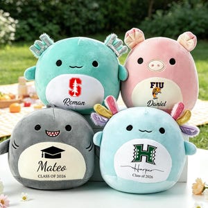 May include: Four plush toys in the shape of animals, including a shark, axolotl, and pig. Each has a personalized design with a name, school logo, and graduation year. The toys are in shades of blue, gray, and pink.