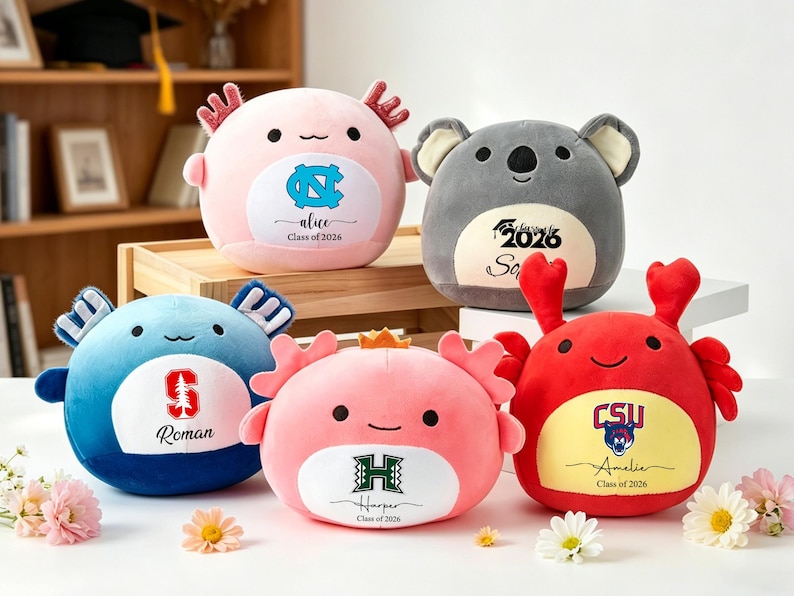 May include: A collection of plush toys in the shape of axolotls, a koala, and crabs. Each toy is a different color and features a college logo and a name with "Class of 2026" or "Class of 2016" written below. The toys are displayed on a white surface.
