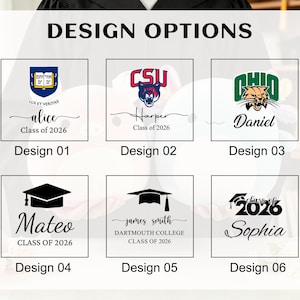 May include: Image showcasing six graduation design options. Each design features a name, school emblem, and the year 2026. The designs include names like Alice, Harper, Daniel, Mateo, James Smith, and Sophia, with various school logos.