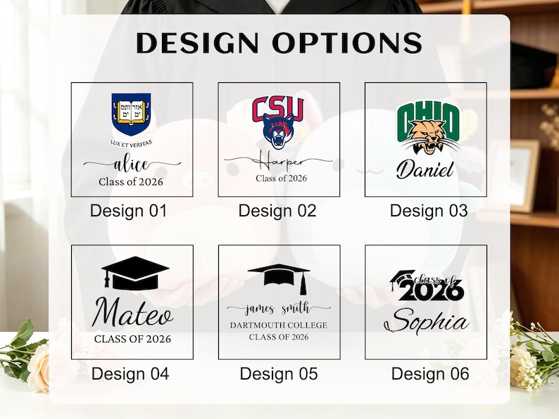 May include: Image showcasing six graduation design options. Each design features a name, school emblem, and the year 2026. The designs include names like Alice, Harper, Daniel, Mateo, James Smith, and Sophia, with various school logos.