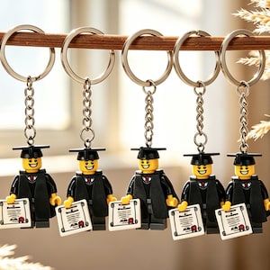 May include: Keychains featuring graduation-themed figures. Each figure wears a black graduation gown and cap, holding a diploma. The figures have yellow heads and are attached to silver keychains. The background is blurred, with a wooden rod and decorative plants.