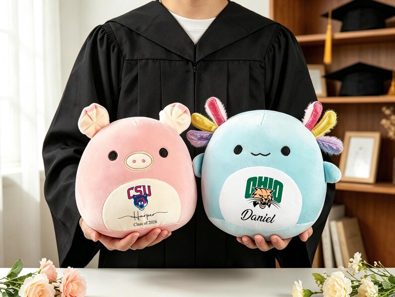 May include: Two plush toys: a pink pig and a blue axolotl. The pig has "CSU", "Harper", and "Class of 2026" printed on it. The axolotl has "OHIO" and "Daniel" printed on it. Both are held by a person wearing a graduation gown.
