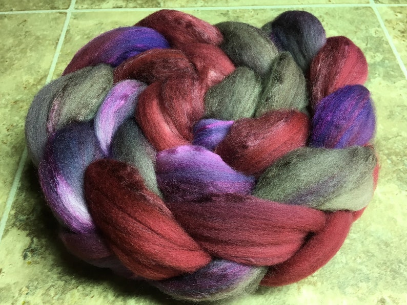 Merino and silk fiber hand dyed wool roving