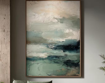 3D Impasto-målning av havslandskap, texturerad kanvasväggkonst med kustmotiv, stor minimalistisk palettknivkonst, beige och blågrön väggdekoration med havsskum