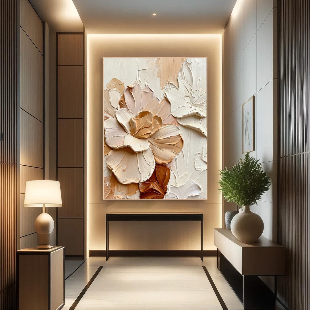 3D Impasto Floral Oil Painting, Neutral Beige Blush Textured Canvas Art ...