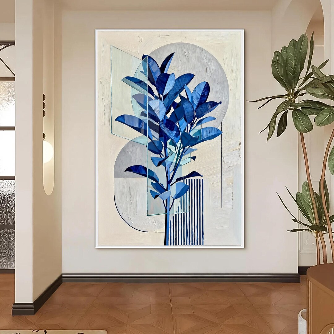 Blue Botanical Abstract Painting | Textured Leaf Wall Art | Modern ...