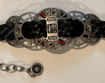 CHICO’S Wide Black Braided Leather Belt Oversized Oval Buckle VINTAGE