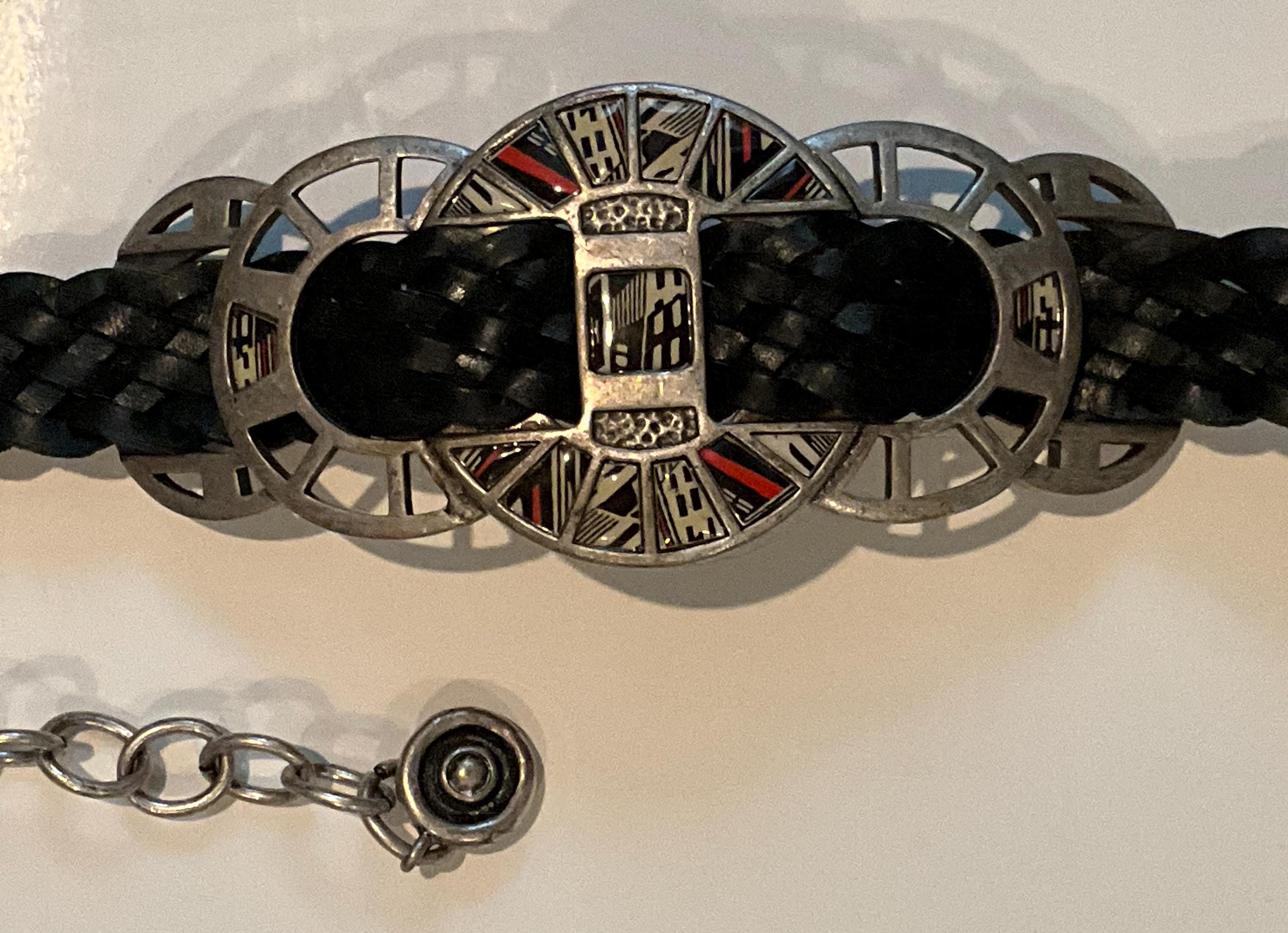 Chicos Vtg 3 O Ring Black Leather Woven Belt‎ Silver Tone Buckle M L Oversized Chicos Black Leather Adjustable Belt | Boho Silver Ring Buckle main image 3