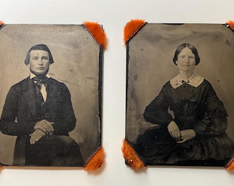 Antique Tin Type Photographs Husband and Wife Portraits 3 1/4" x 2 3/4"