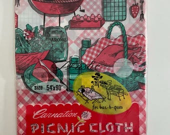 NEW SEALED Vintage MCM Carnation Plastic Picnic Cloth Tablecloth 54 x 90"