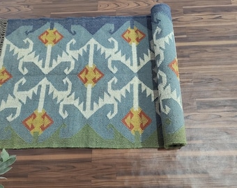 Kilim Rug, Handwoven Rug Wool Jute Rug, Kilim Jute Rug, Flatweave Rug, Bohemian Rug, Indian Dhurrie Rug, Navajo Kilim Rug, Wool Jute Runner