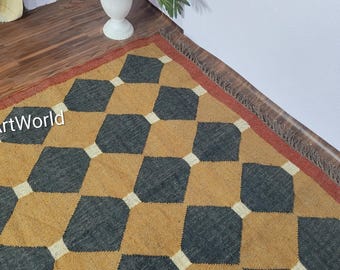 ハンドメイド ナバホ キリム ラグ、アステカ ラグ、アクセント ラグ、屋外ラグ/屋内ラグ、リビング/ダイニング ルーム 4 x 6 フィート。ウールジュートキリムラグ、インドのドゥリーラグ