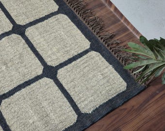 Vintage Wool Jute Kilim Rug, Handwoven, Wool and Jute Rug Handmade, Kilim Dhurrie Rug, Traditional Indian jute Area rug
