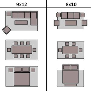 以下が含まれることがあります： 9x12フィートと8x10フィートの部屋の家具配置オプションを示す図。レイアウトには、ソファ、テーブル、椅子、ベッドのさまざまな配置が含まれており、インテリアデザインの視覚的なガイドを提供しています。