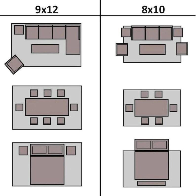 以下が含まれることがあります： 9x12フィートと8x10フィートの部屋の家具配置オプションを示す図。レイアウトには、ソファ、テーブル、椅子、ベッドのさまざまな配置が含まれており、インテリアデザインの視覚的なガイドを提供しています。