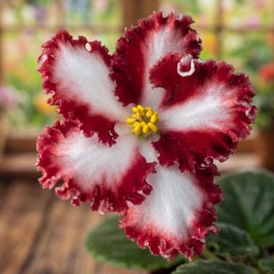 Peut inclure: Une fleur de violette africaine unique avec cinq pétales aux bords frisés. Les pétales présentent une couleur rouge bordeaux profond sur les bords qui s'estompe vers un centre blanc éclatant. Un groupe de petites étamines jaunes se trouve au cœur.