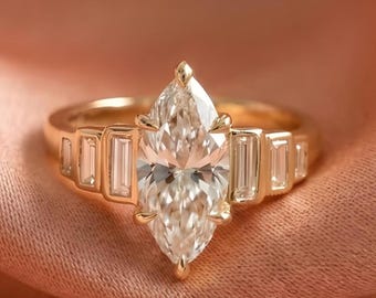 Marquise Cut Moissanite Engagement Ring, 14K Gold Baguette Bezel Side Stone Ring, Vintage Art Deco Bridal Ring, Anniversary Gift for Her