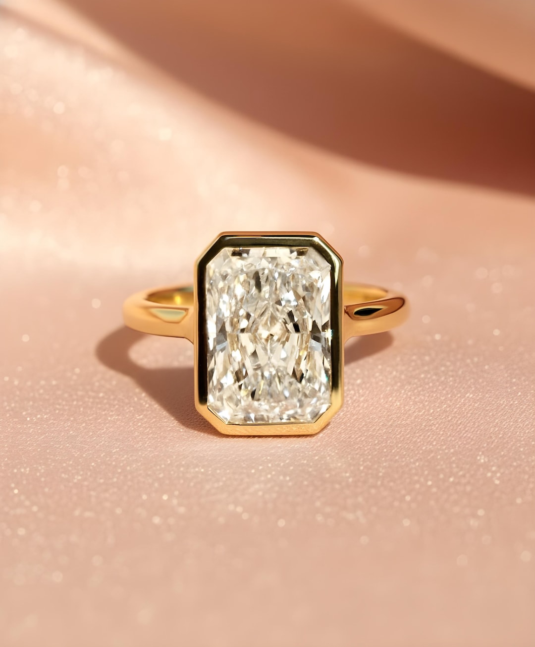 Radiant Cut Bezel Set Ring in 14K Gold, Emerald Cut Moissanite ...