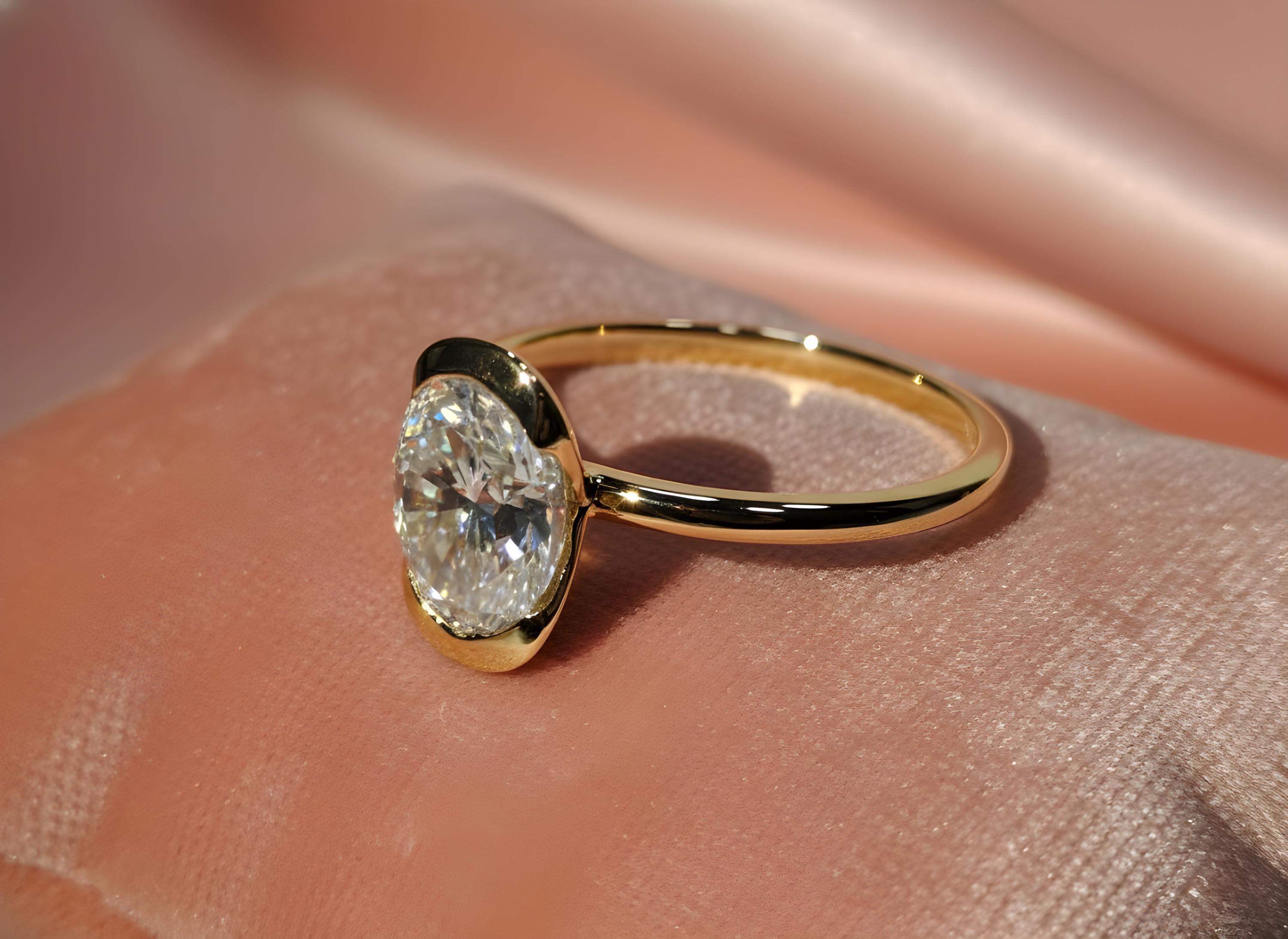 Oval Cut Moissanite Engagement Ring, 14k Gold Half Bezel Set Solitaire ...