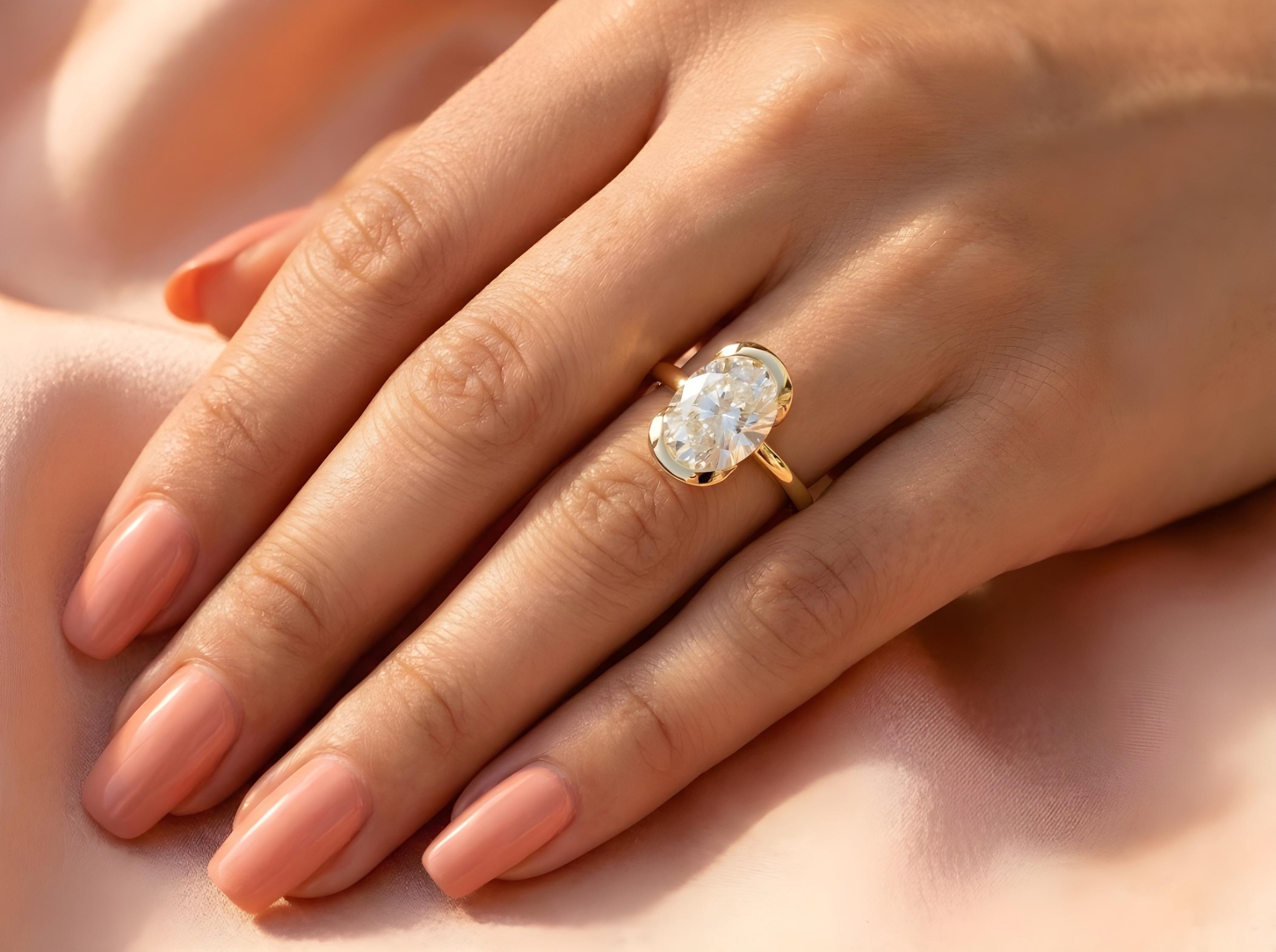 Oval Cut Moissanite Engagement Ring, 14k Gold Half Bezel Set Solitaire ...