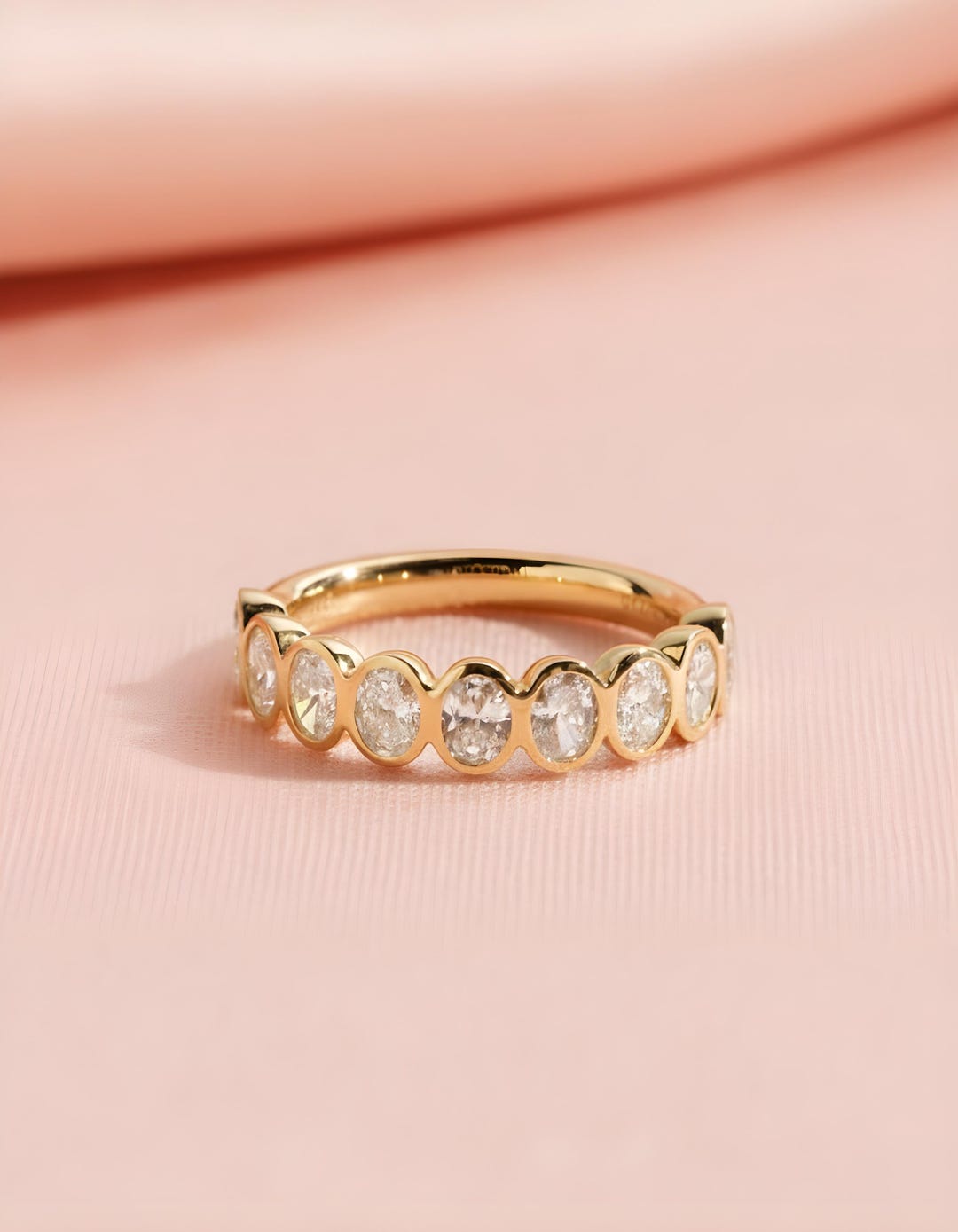Oval Moissanite Half Eternity Wedding Band in 14K Gold, Bezel Set Half ...