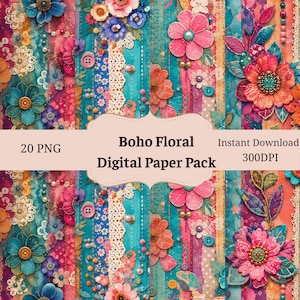 Puede incluir: Un paquete de papel digital con 20 archivos PNG de temática floral. El diseño muestra tiras verticales con patrones texturizados en tonos turquesa, rosa y naranja, decoradas con flores de papel, encaje, botones y cuentas.