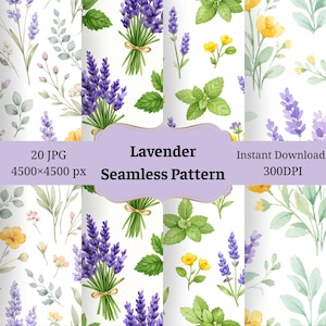 Könnte beinhalten: Digitales Bild mit einem nahtlosen Musterdesign mit Lavendel, gelben Blumen und grünen Blättern auf weißem Hintergrund. Der Text lautet "Lavender Seamless Pattern" und "Instant Download 300DPI".