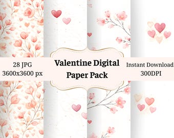 Watercolor Hearts Digital Paper Pack – Romantic Valentine Scrapbook (Digital Download)