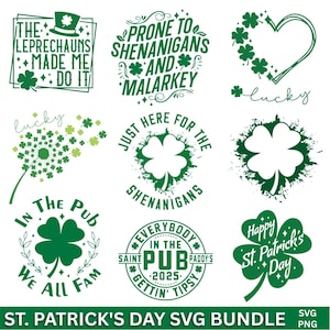 Może przedstawiać: Kolekcja zielonych wzorów SVG na Dzień Świętego Patryka. Projekty obejmują koniczyny, frazy takie jak "Prone to Shenanigans" i "Happy St. Patrick's Day". Tekst "St. Patrick's Day SVG Bundle" znajduje się na dole.
