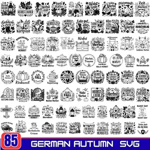 May include: A collection of 85 black and white digital designs featuring autumn themes, including pumpkins, leaves, woodland animals, lanterns, and seasonal text in German. These graphic illustrations are arranged in a grid format for crafting.