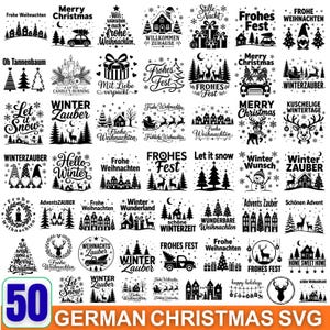 May include: A collection of 50 black and white digital graphic designs featuring Christmas and winter themes. The illustrations include reindeer, gnomes, pine trees, houses, cars with trees, snowflakes, and holiday text in English and German.