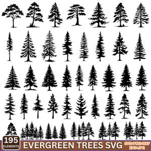 May include: A collection of 195 black evergreen tree silhouettes in various shapes and sizes. The image includes text that reads "EVERGREEN TREES SVG" and "195 ELEMENTS". The image is suitable for digital design projects.