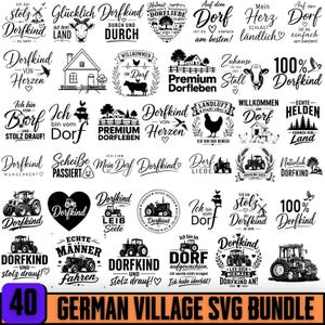 Könnte beinhalten: Eine Sammlung von 40 schwarz-weißen Grafikdesigns mit ländlichen deutschen Motiven, darunter Traktoren, Nutztiere, Häuser und verschiedene deutsche Sprüche wie Dorfkind, Premium Dorfleben und Echte Helden, in einem Raster angeordnet.
