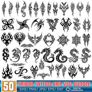 Può includere: Un pacchetto digitale di 50 disegni di tatuaggi tribali neri in formati SVG, PNG, JPG, EPS e DXF. I disegni includono draghi, forme astratte e motivi vari.
