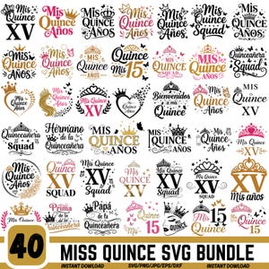 Peut inclure: Un ensemble de 40 motifs SVG Miss Quince, avec des phrases comme "Mis Quince Años" et "Quinceañera Squad". Les motifs incluent des couronnes, des papillons et des éléments décoratifs. Disponible en téléchargement immédiat.